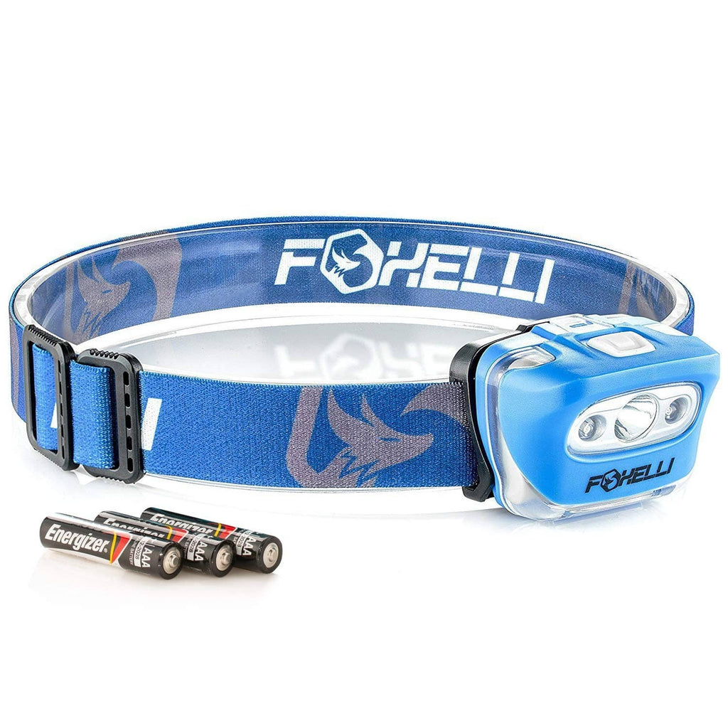 Blue LED headlamp with elastic head strap, front lens and side light housing