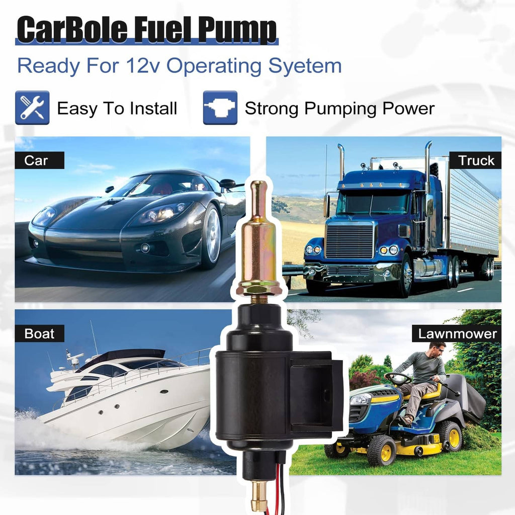 Electric fuel pump with black body, brass fittings, and attached red/black leads