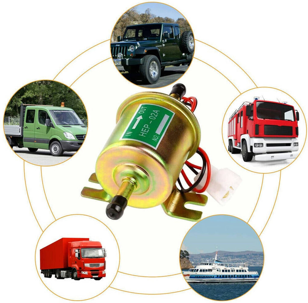 Inline fuel pump with green label and red wiring, shown with multiple vehicle icons