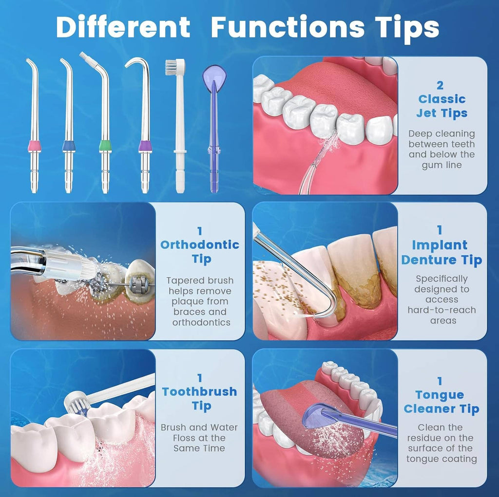 Water flosser replacement tips with multiple nozzle types for orthodontic and deep cleaning