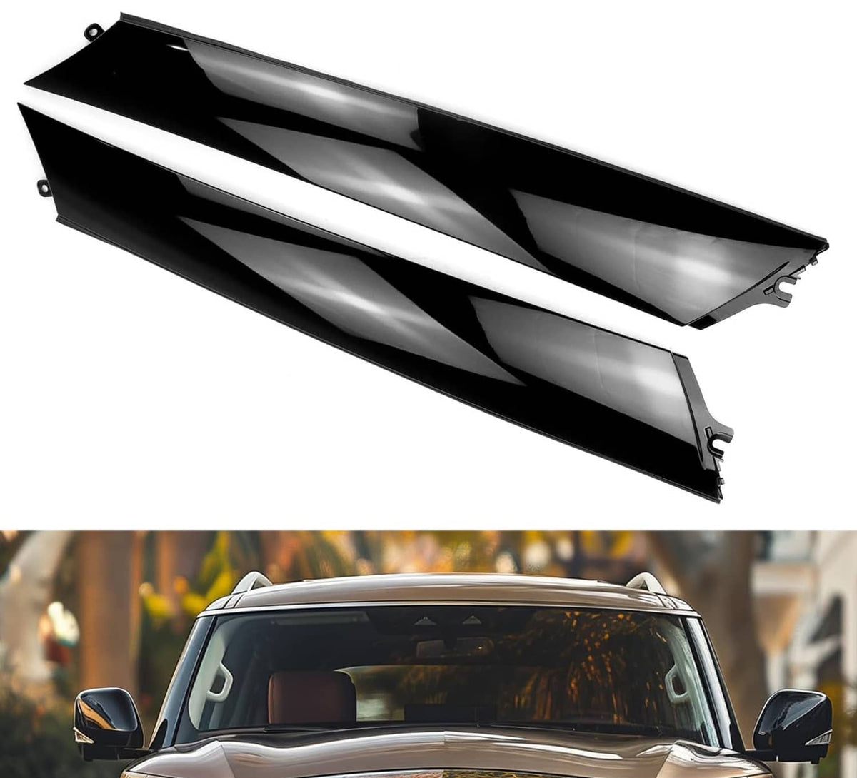 Windshield pillar trim molding set, glossy black with silver accents, 2-piece
