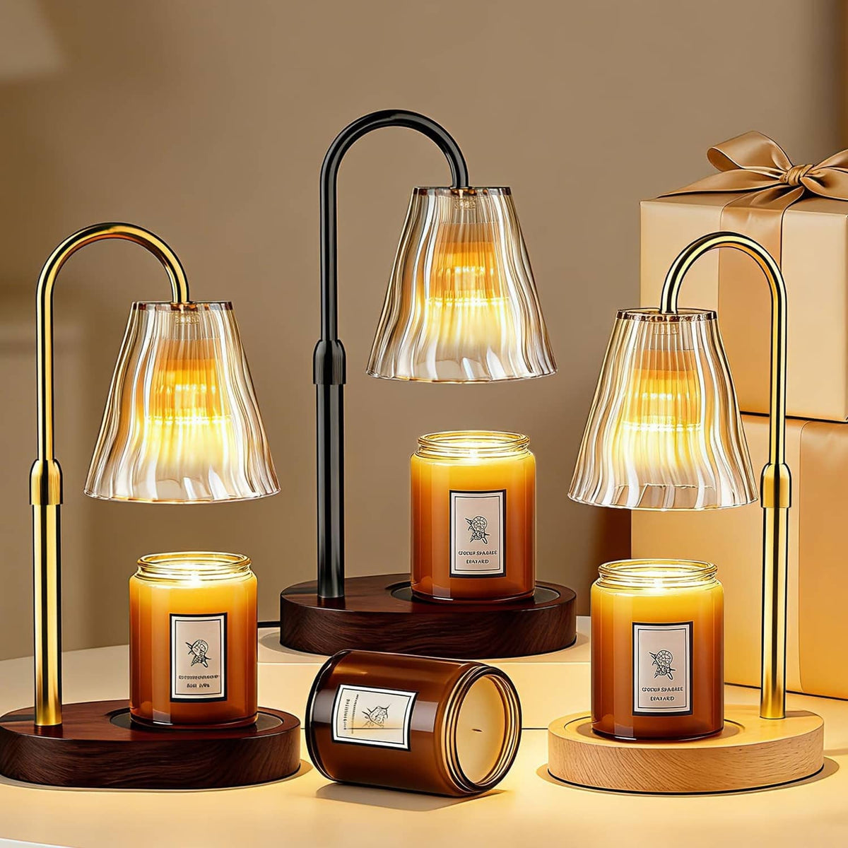 Luxmore candle warmer lamp set with three amber-framed lamps and lit candle jars on bases