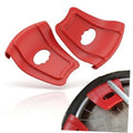Red plastic rim protectors set of 2 for motorcycle tire changing, with wheel cutouts