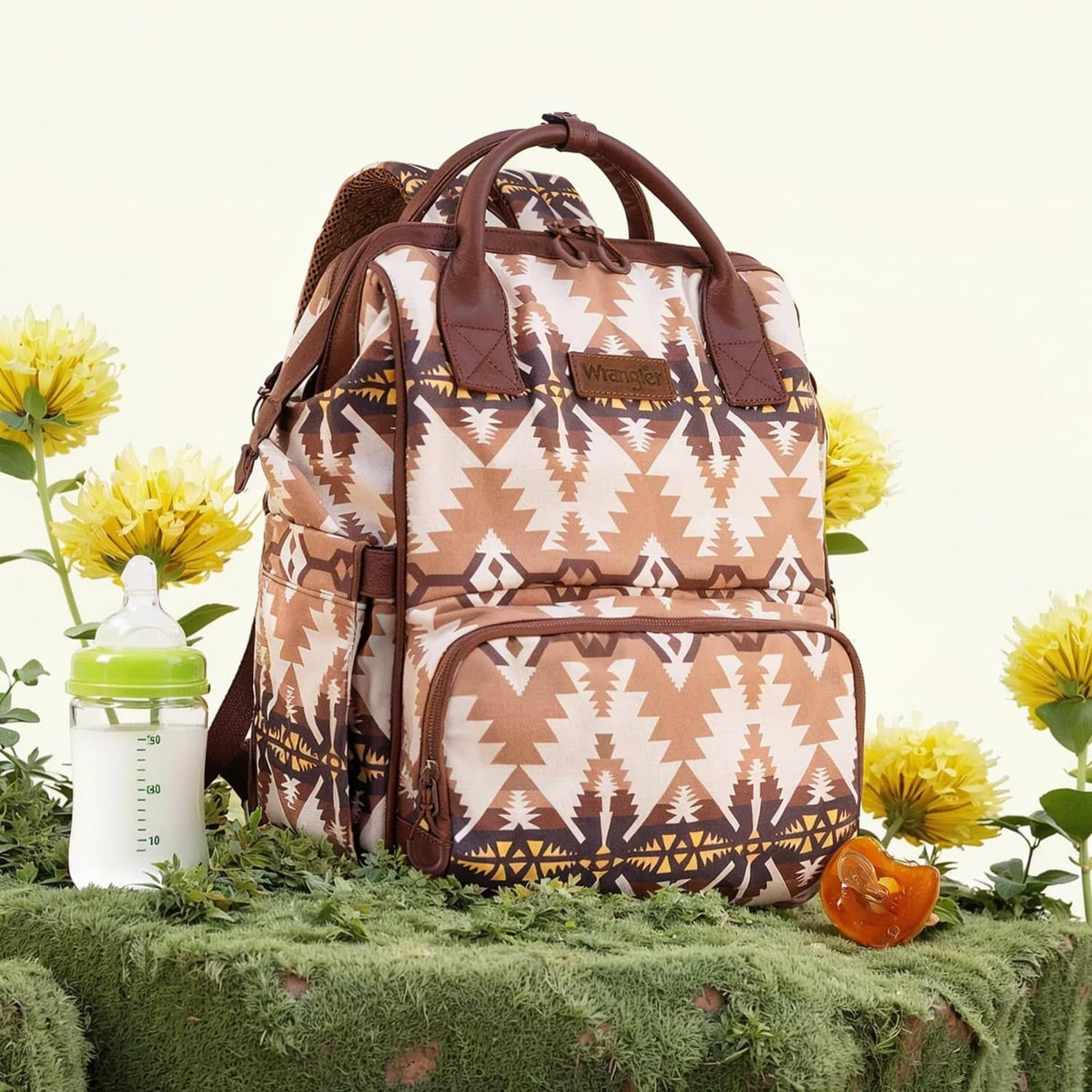 Wrangler Callie diaper bag, beige aztec print with brown trim and front panel details