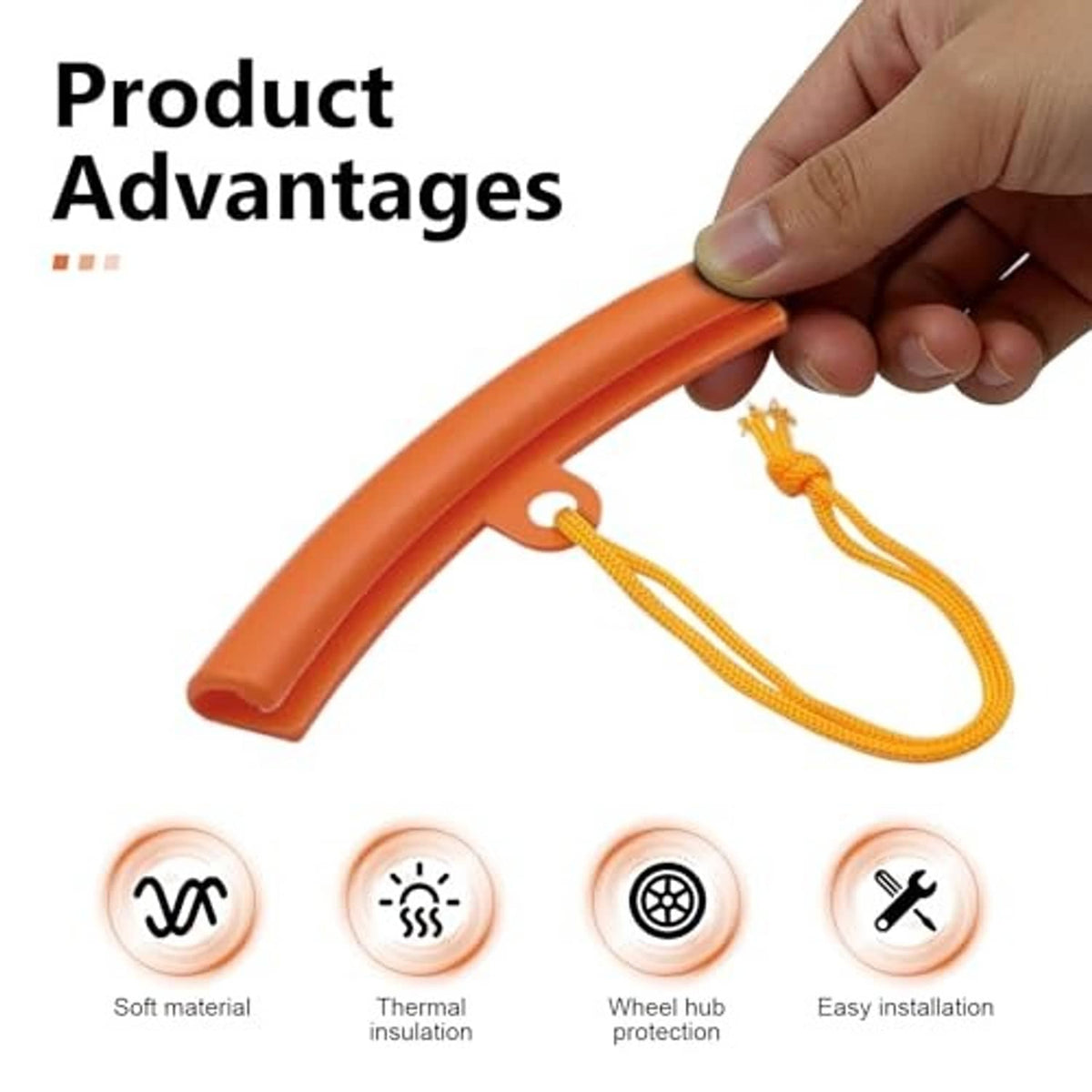 Orange tire rim protector held in hand with yellow rope for installation