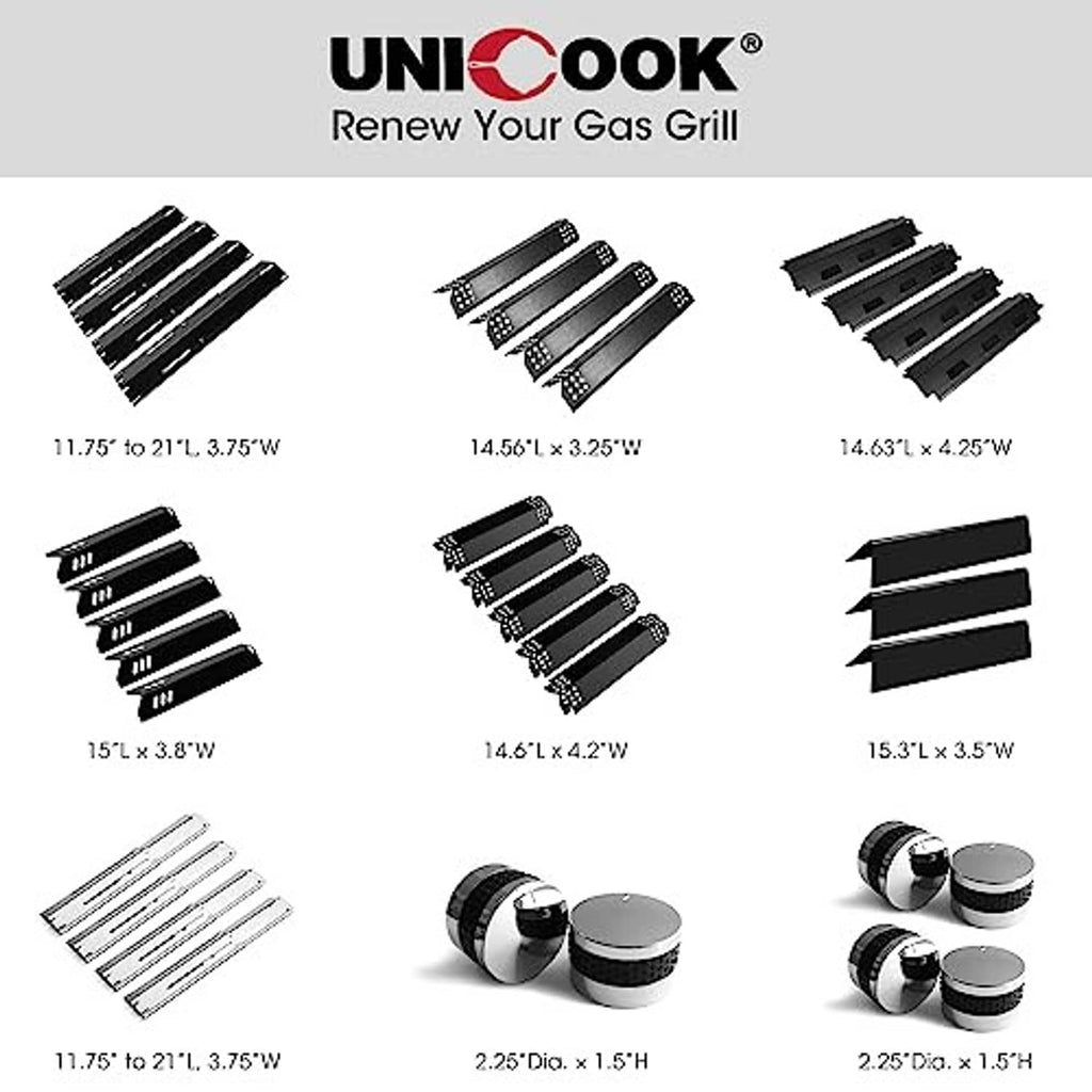 Assorted black grill heat plate burner covers with different lengths and hole patterns