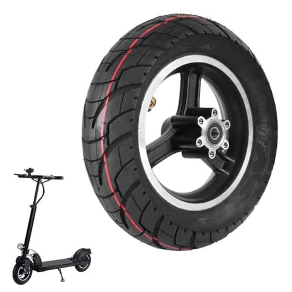 10-inch road scooter tire with hub, black rim and spokes, red tread stripe