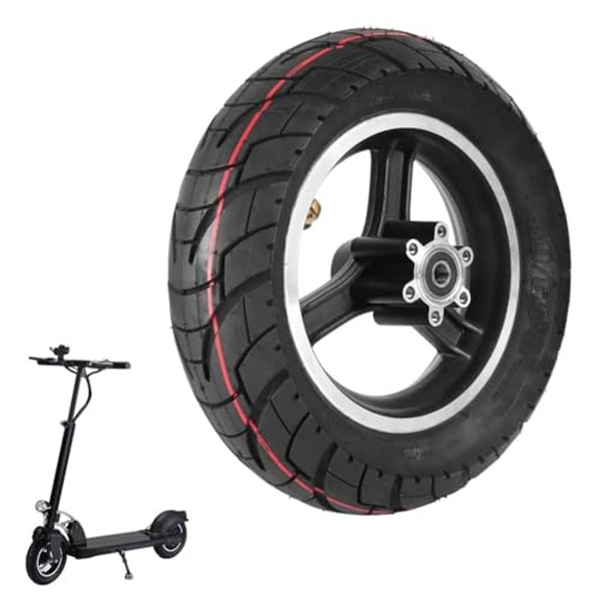 10-inch road scooter tire with hub, black rim and spokes, red tread stripe