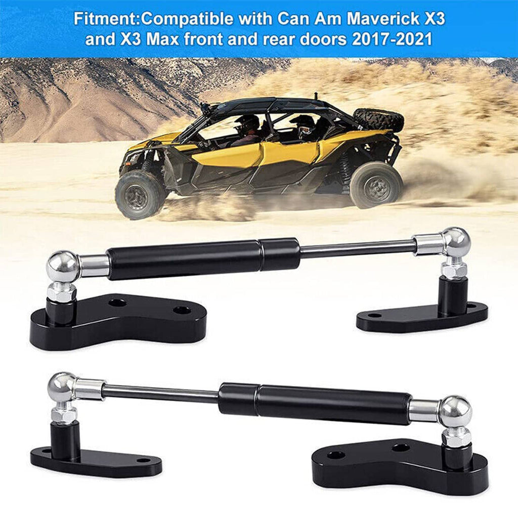 Two black door struts with chrome ends and four black mounting brackets