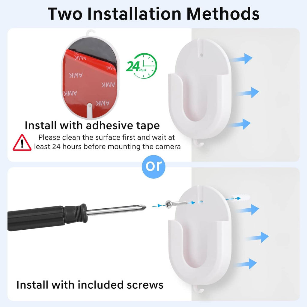 White indoor security camera mount showing two installation methods: tape or screws