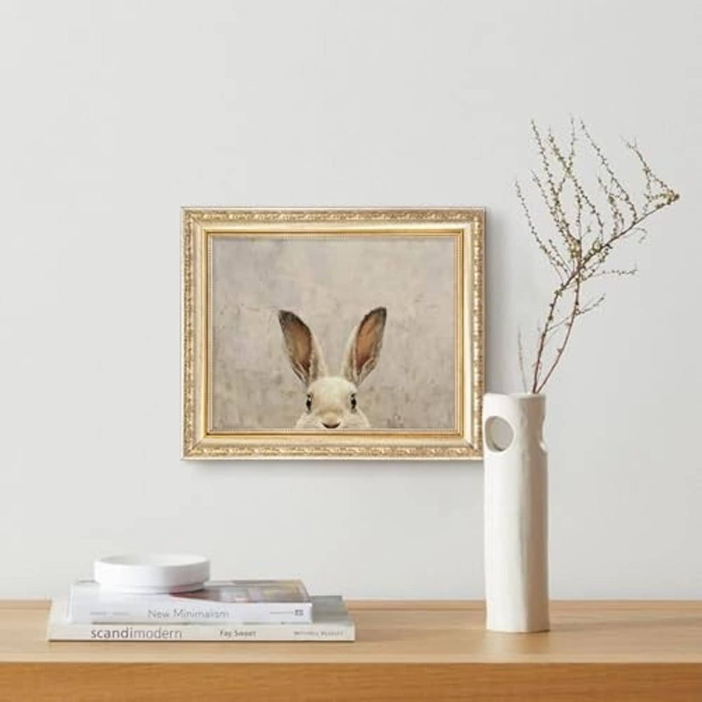 Ornate gold 8x10 picture frame with rabbit illustration, square border and glass front