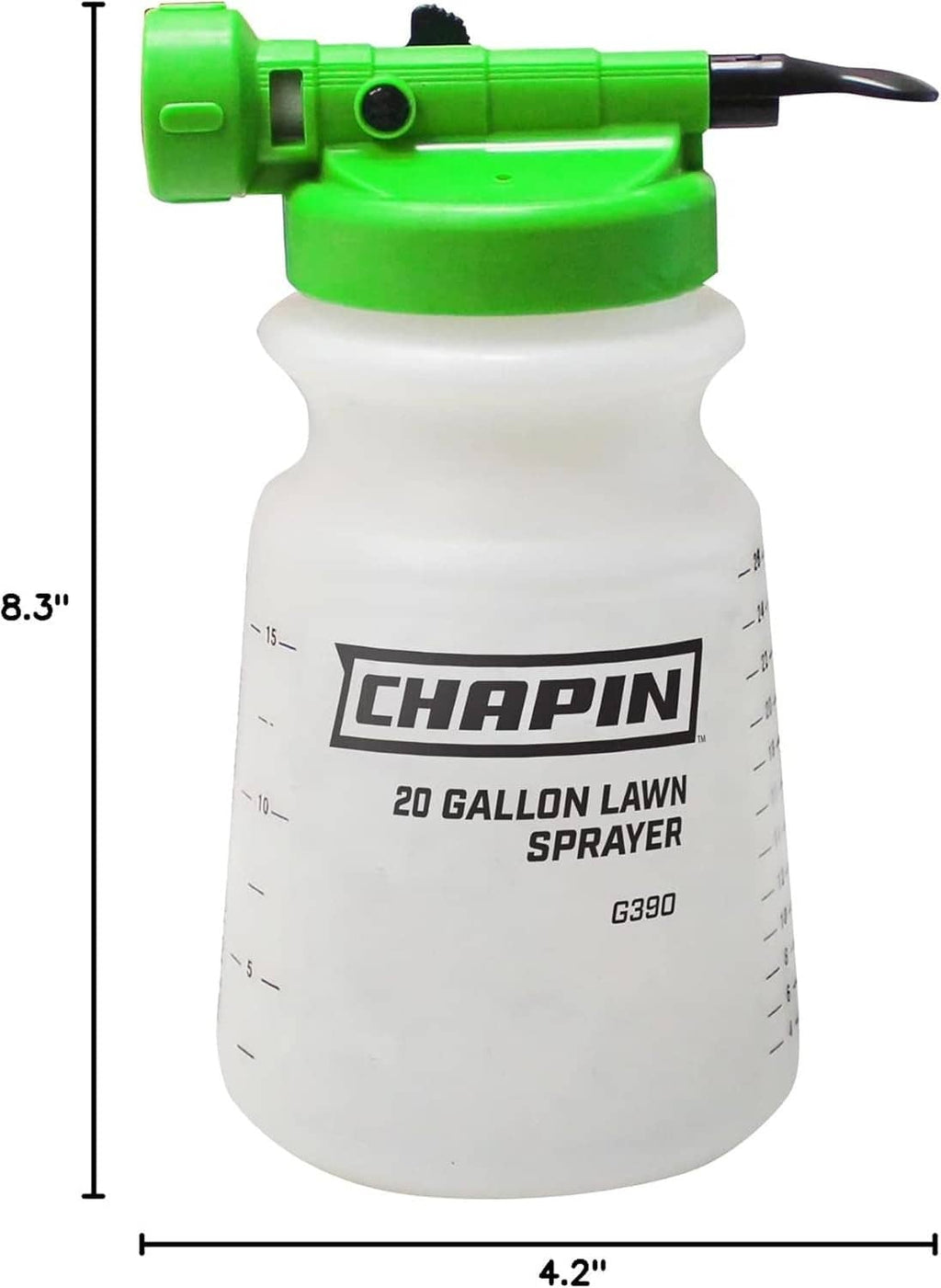Chapin G390 hose end sprayer, green nozzle and white 20-gallon tank with size markings