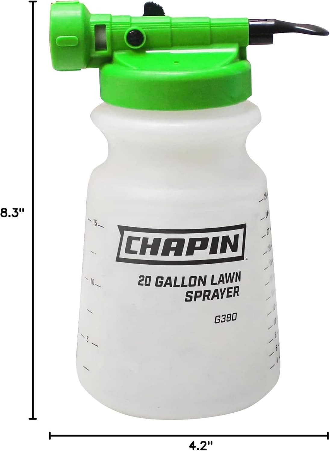 Chapin G390 hose end sprayer, green nozzle and white 20-gallon tank with size markings
