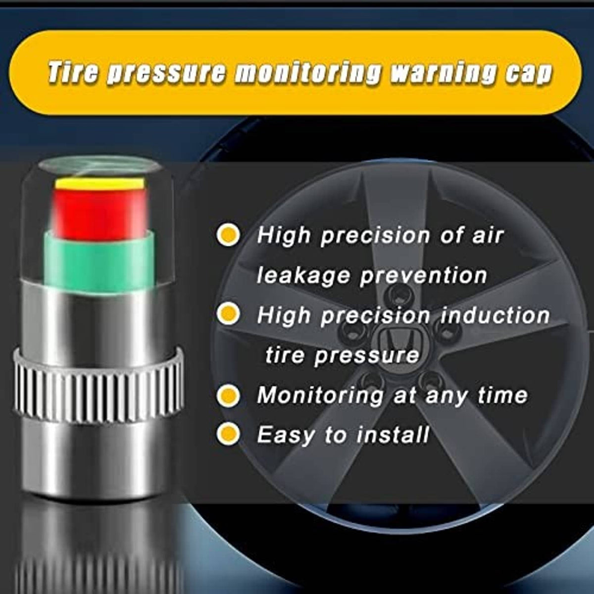 Silver tire valve stem cap with red/green band and clear top window, ridged metal grip