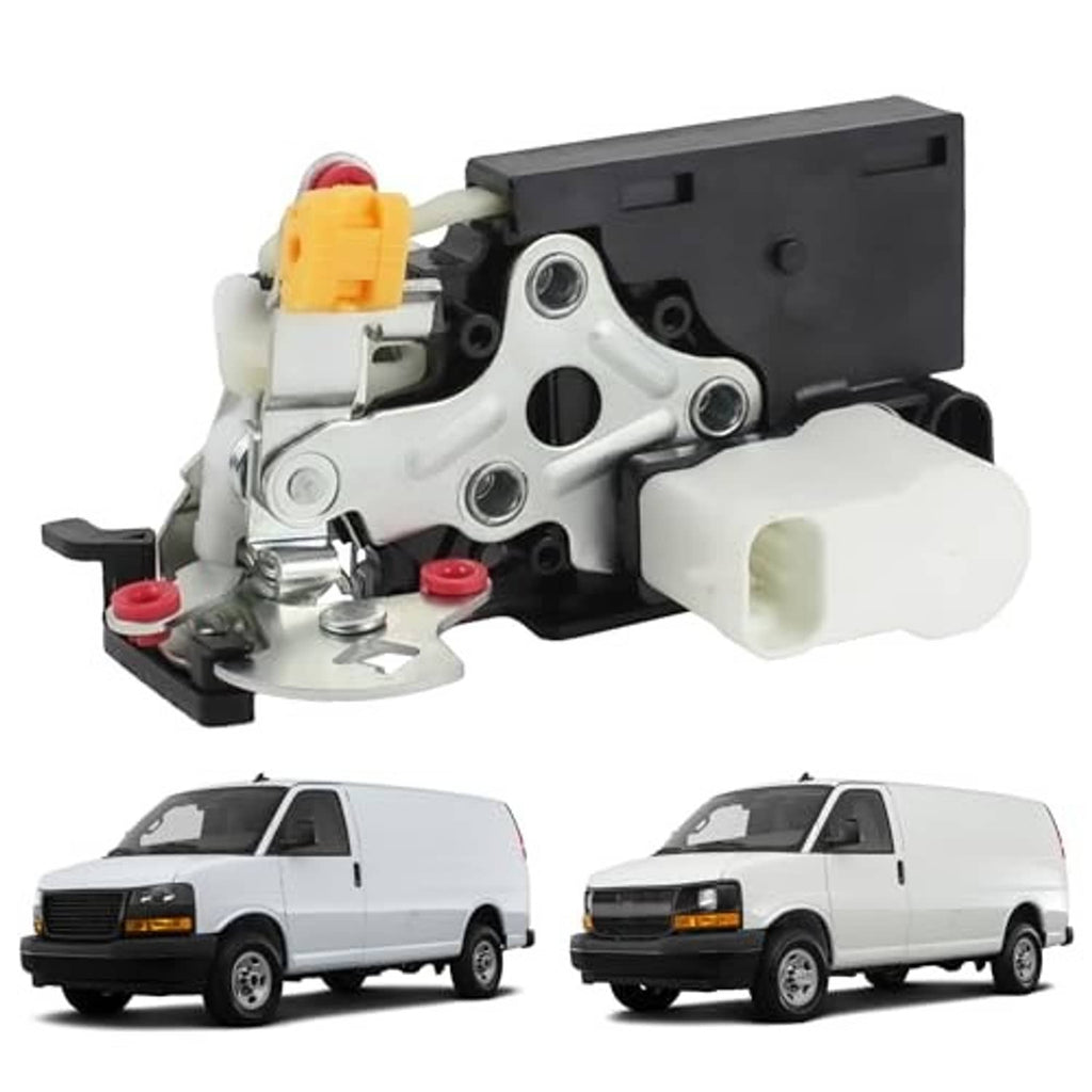 Door latch lock actuator assembly, black case with white motor housing and yellow connector