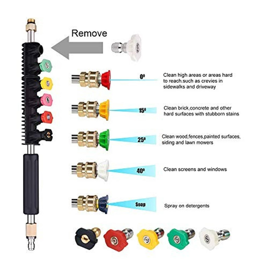 Pressure washer extension wand with removable spray head and color-coded nozzle tips