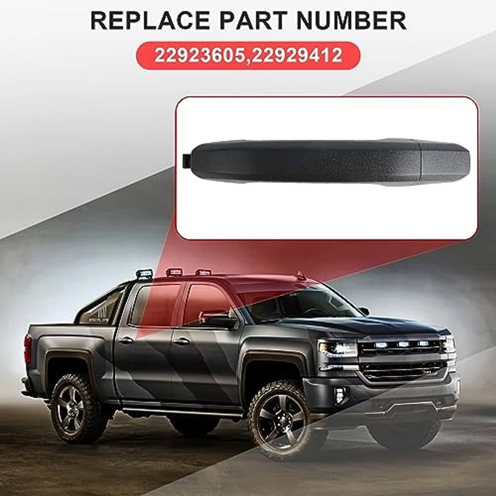 Black textured exterior door handle, smooth top bar and hinge-side attachment