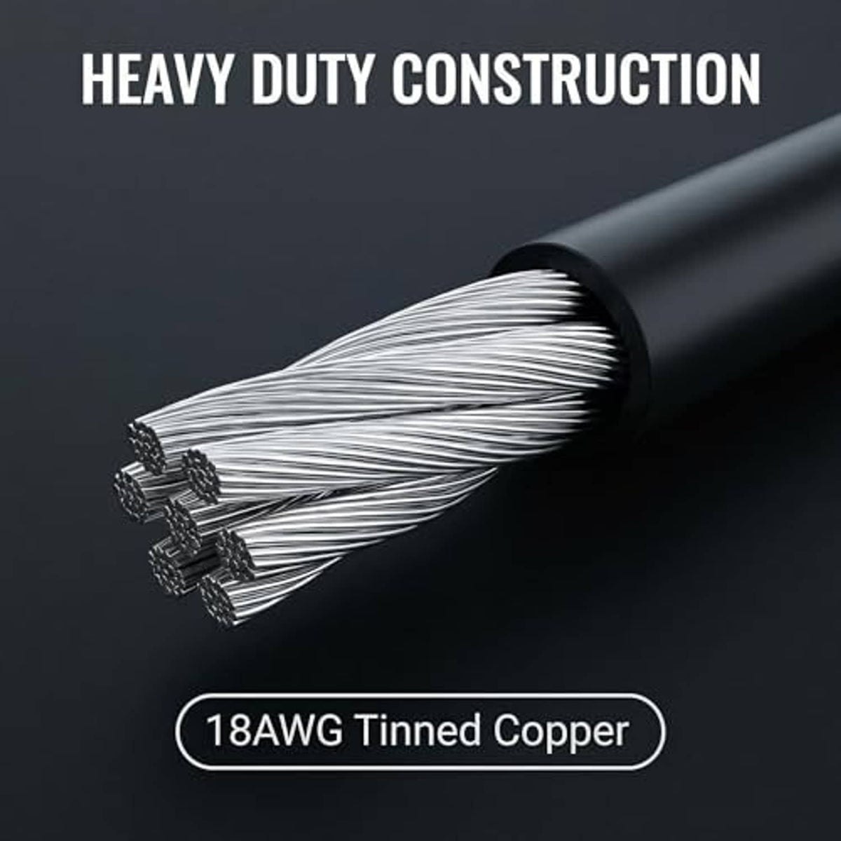 Close-up of the cable end with many wire strands; 18AWG tinned copper construction