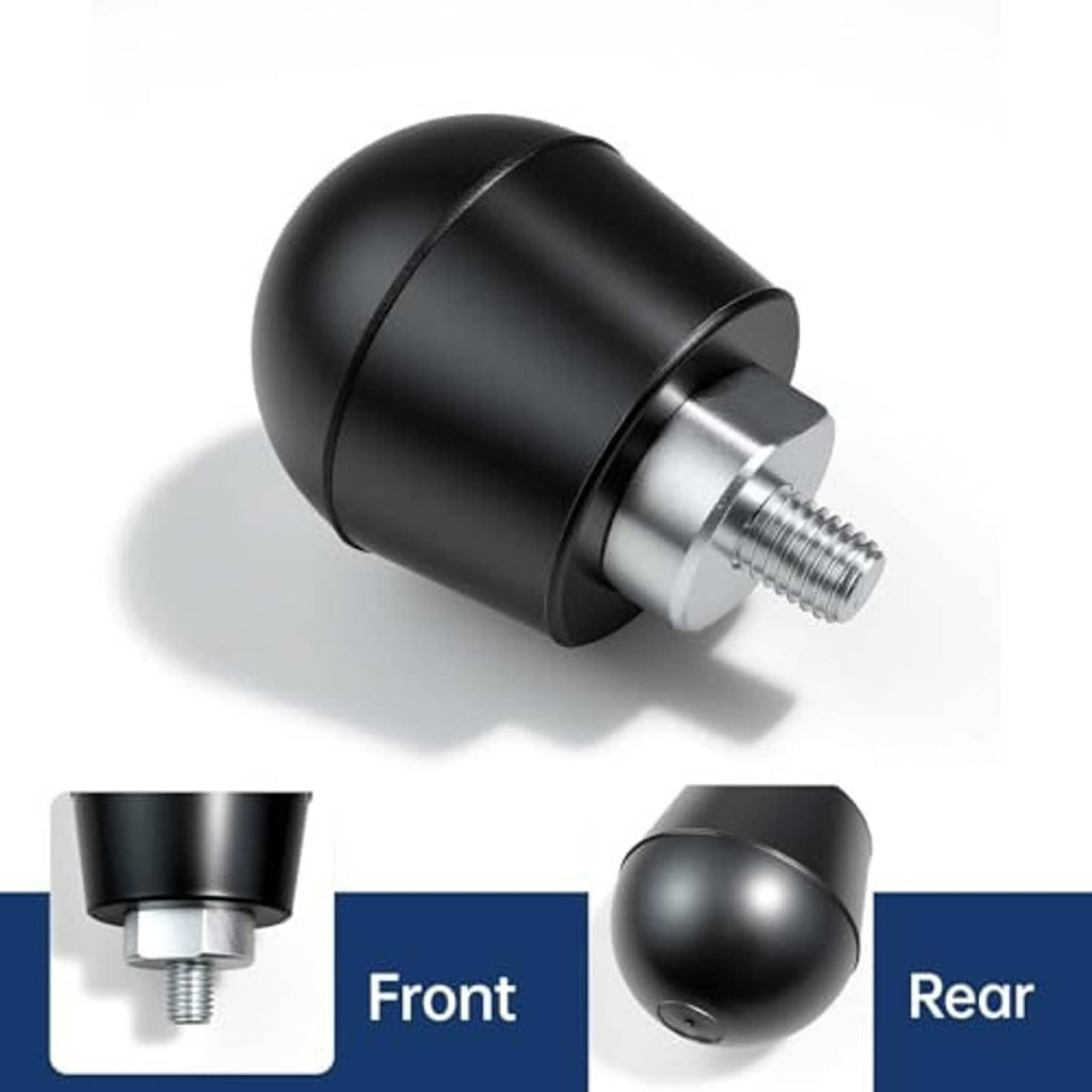 Black rubber bumper stop with silver ring and threaded bolt, angled view