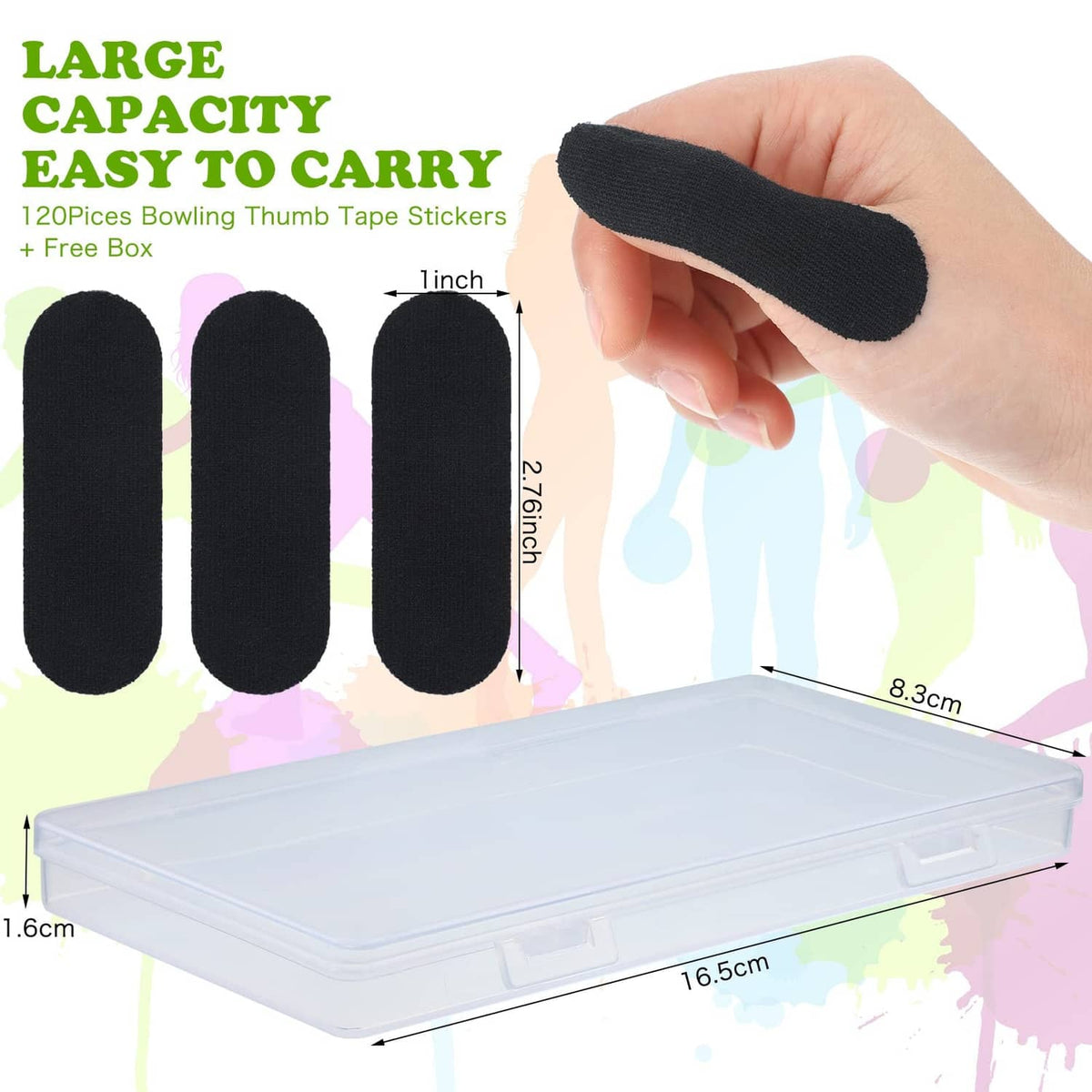 Black bowling thumb tape pads in a clear plastic case with hand holding one pad