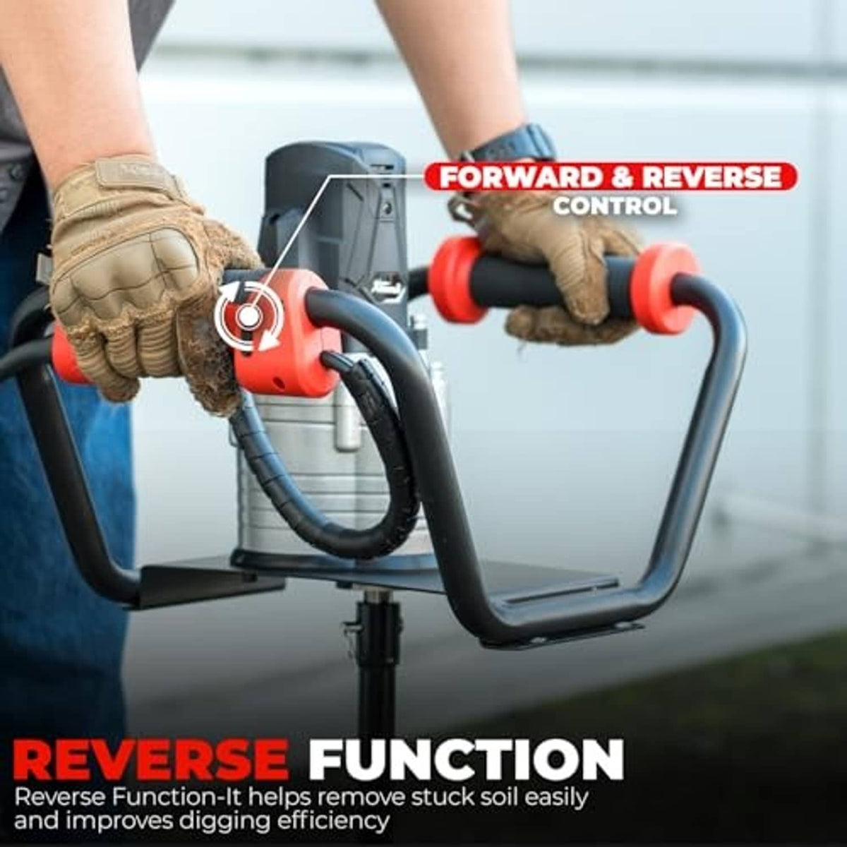 Electric earth auger with red motor housing and spiral bit, held by gloved hands