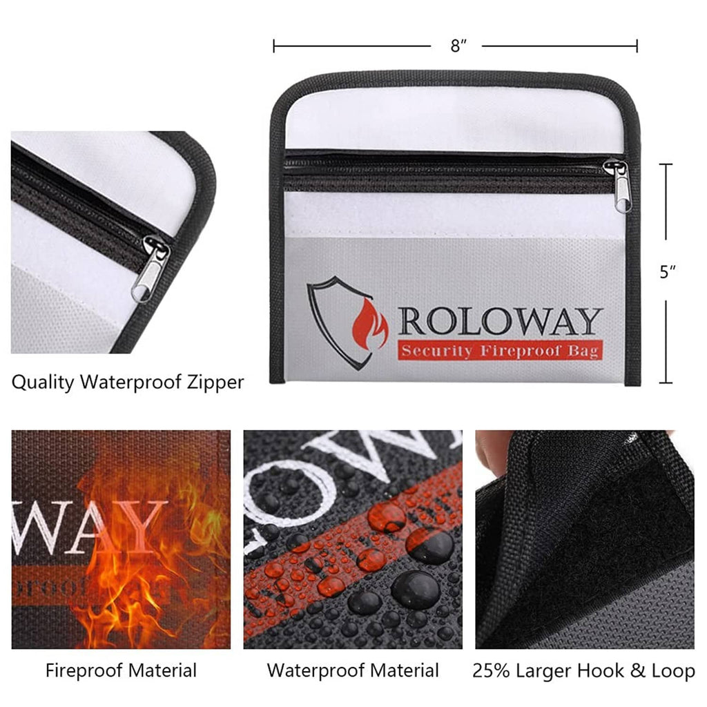 Small fireproof money bag front view with black zipper and gray panels, Roloway logo.