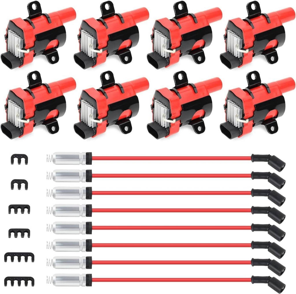 Ignition coils with red wiring harness, black brackets, and spark plug boot ends