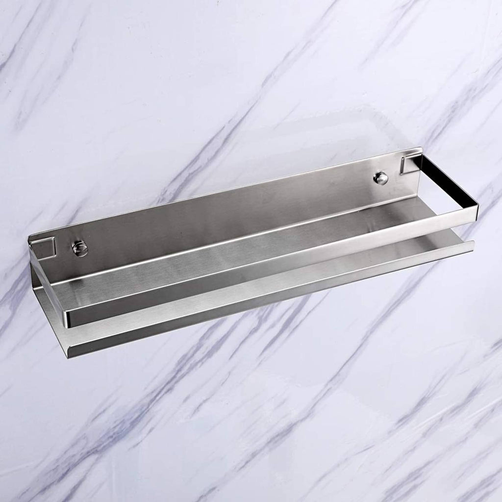 Stainless steel shower shelf with two-tier ledges and round screw holes on backplate