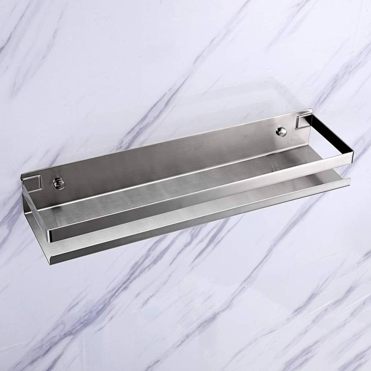 Stainless steel shower shelf with two-tier ledges and round screw holes on backplate