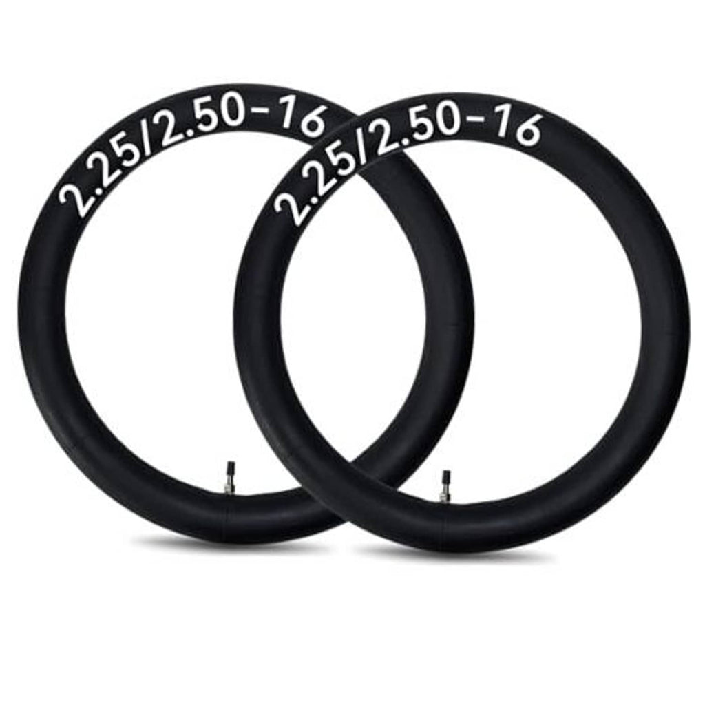 2-pack black dirt bike inner tubes with valves, marked 2.25/2.50-16 tire size.