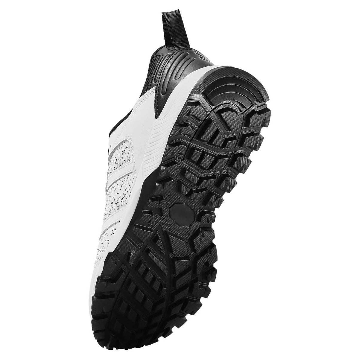 White cross training sneakers with black tread outsole and speckled panels