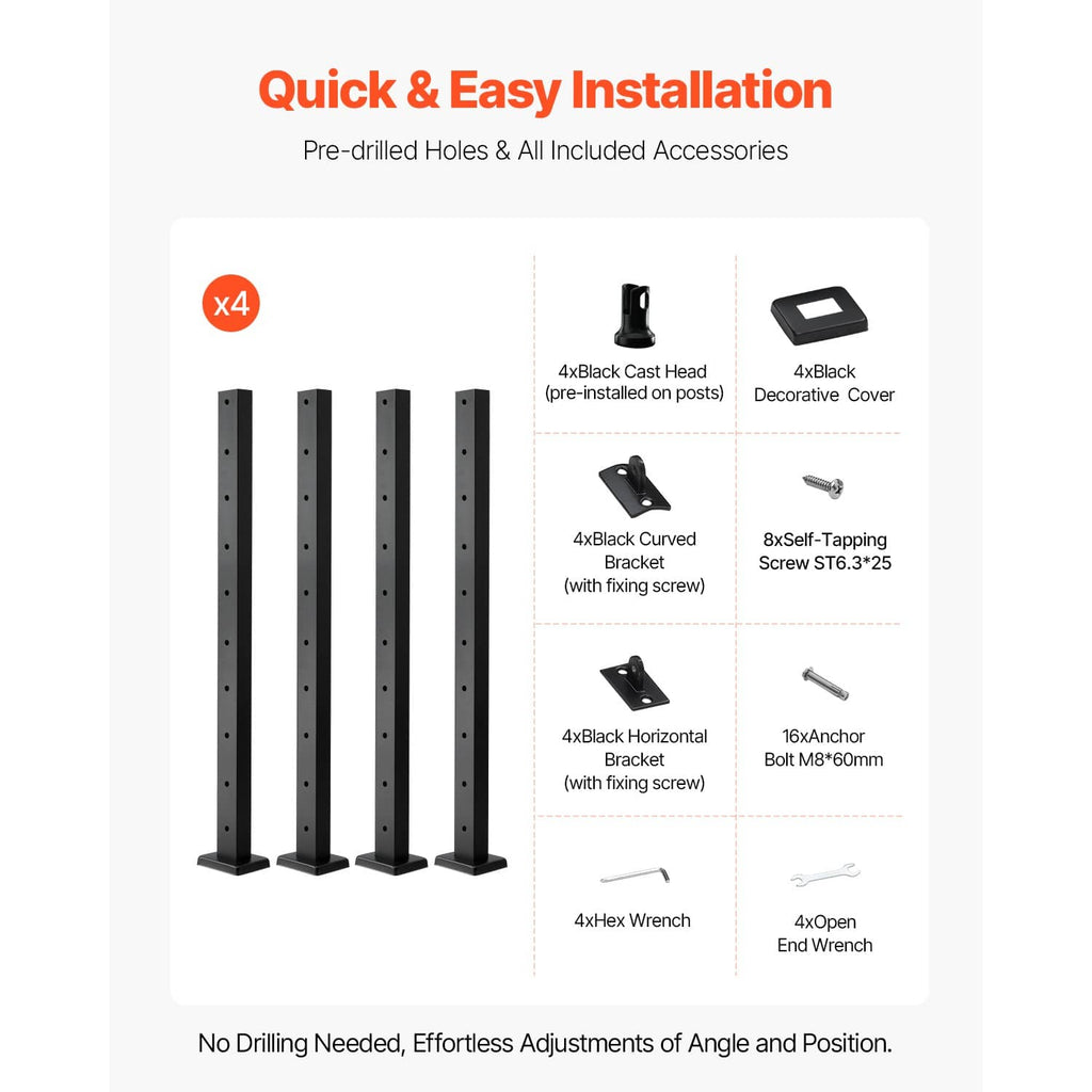 Black cable railing posts with pre-drilled holes and included mounting hardware.