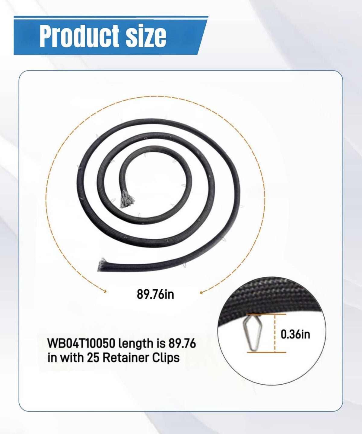 Black range oven door gasket rope, coiled with 25 retainer clips