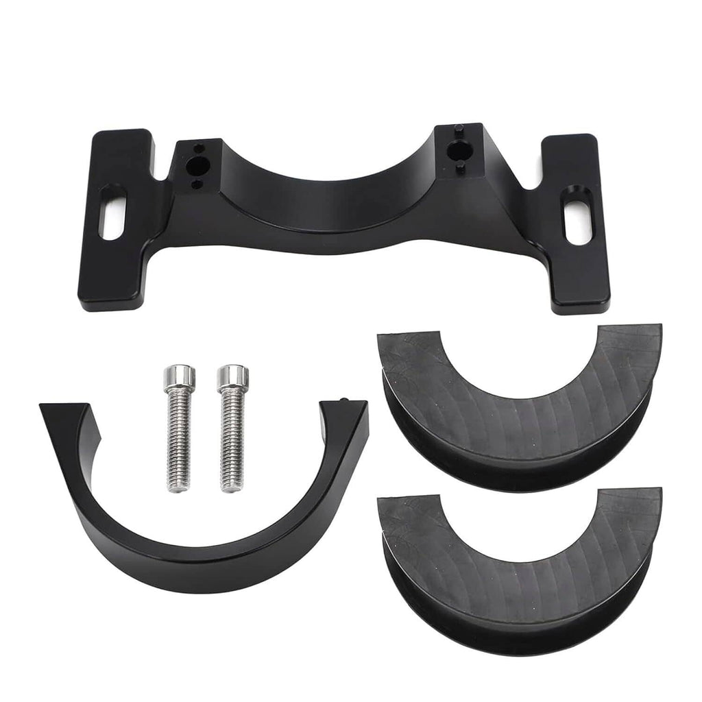 Black center bearing support bracket kit with screws and two curved rubber inserts