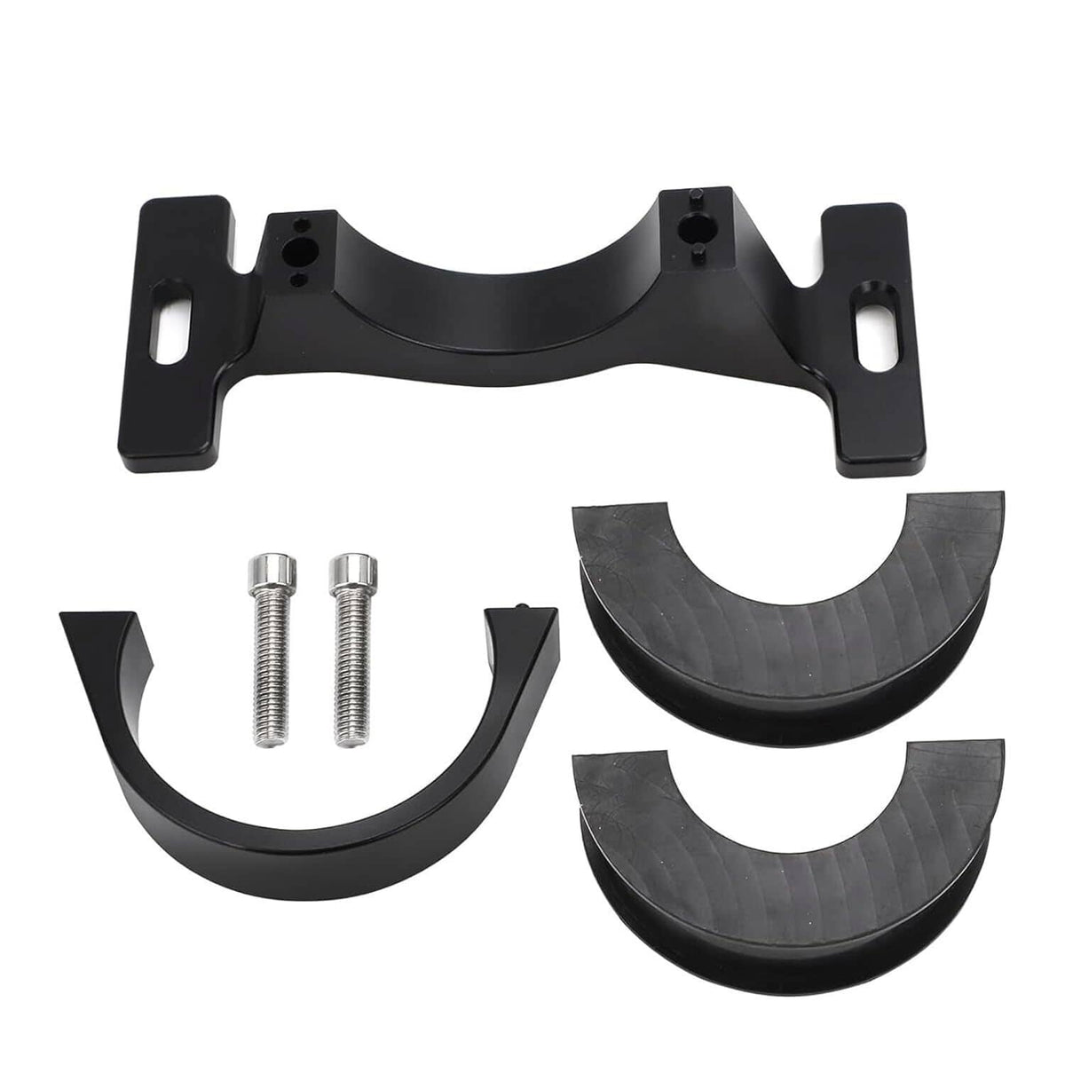 Black center bearing support bracket kit with screws and two curved rubber inserts