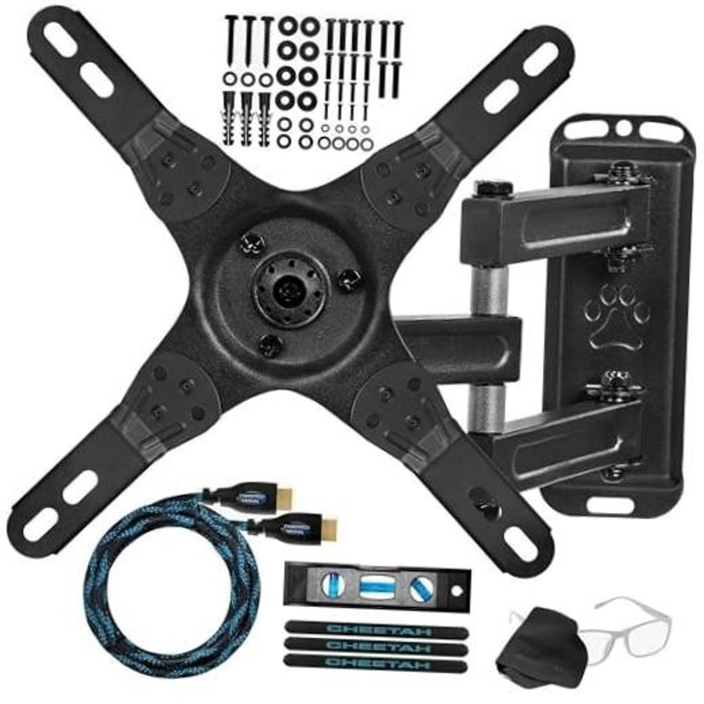 Black TV wall mount kit with hardware, level, HDMI cable, and accessories