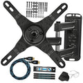 Black TV wall mount kit with hardware, level, HDMI cable, and accessories