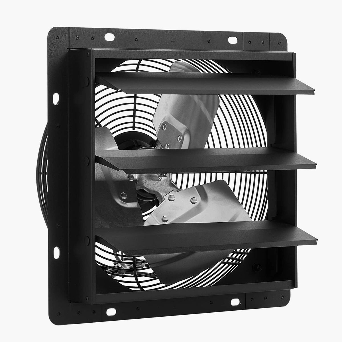 Black wall-mount shutter exhaust fan front view with multi-blade motor