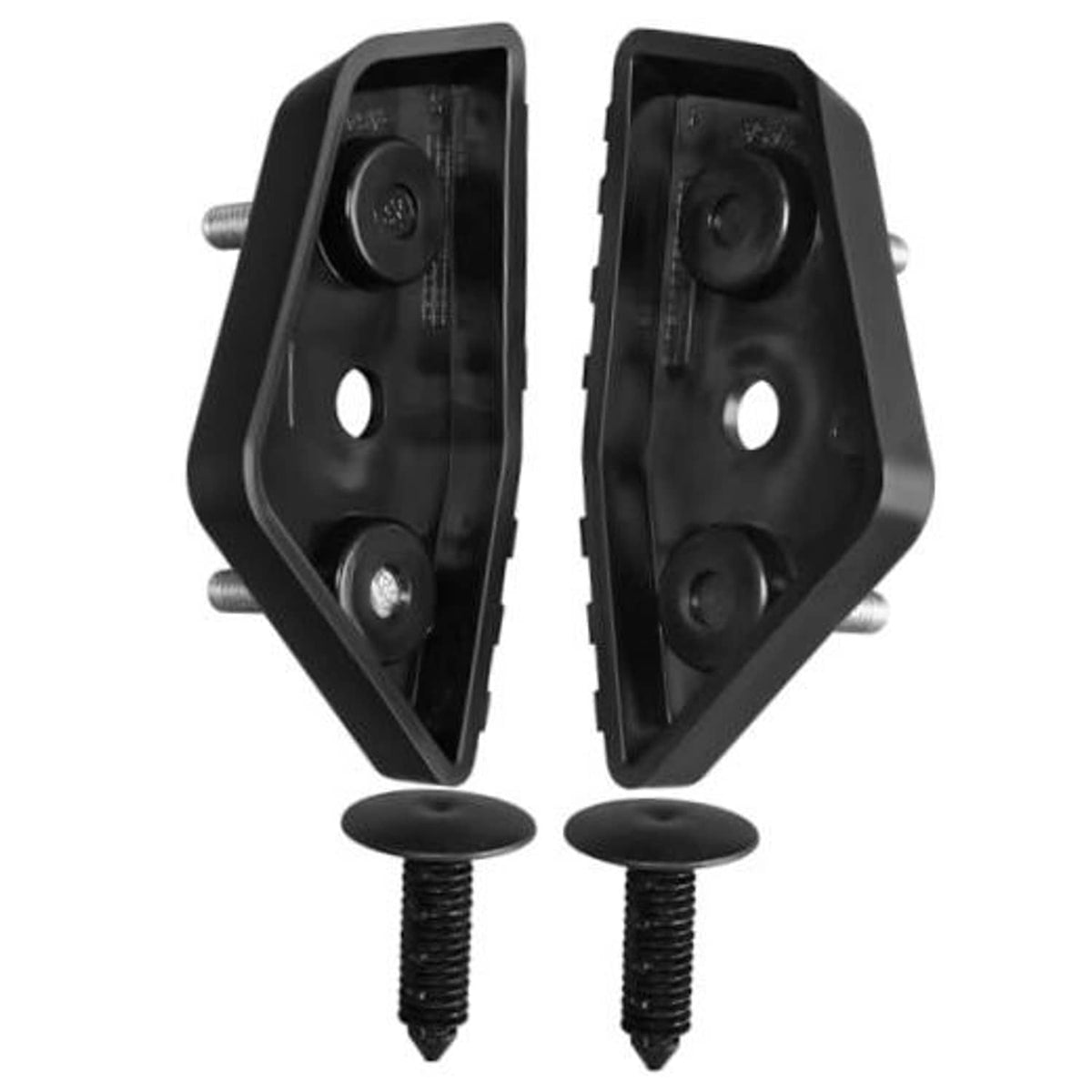 Front bumper support brackets, black plastic, with mounting screws—left and right set