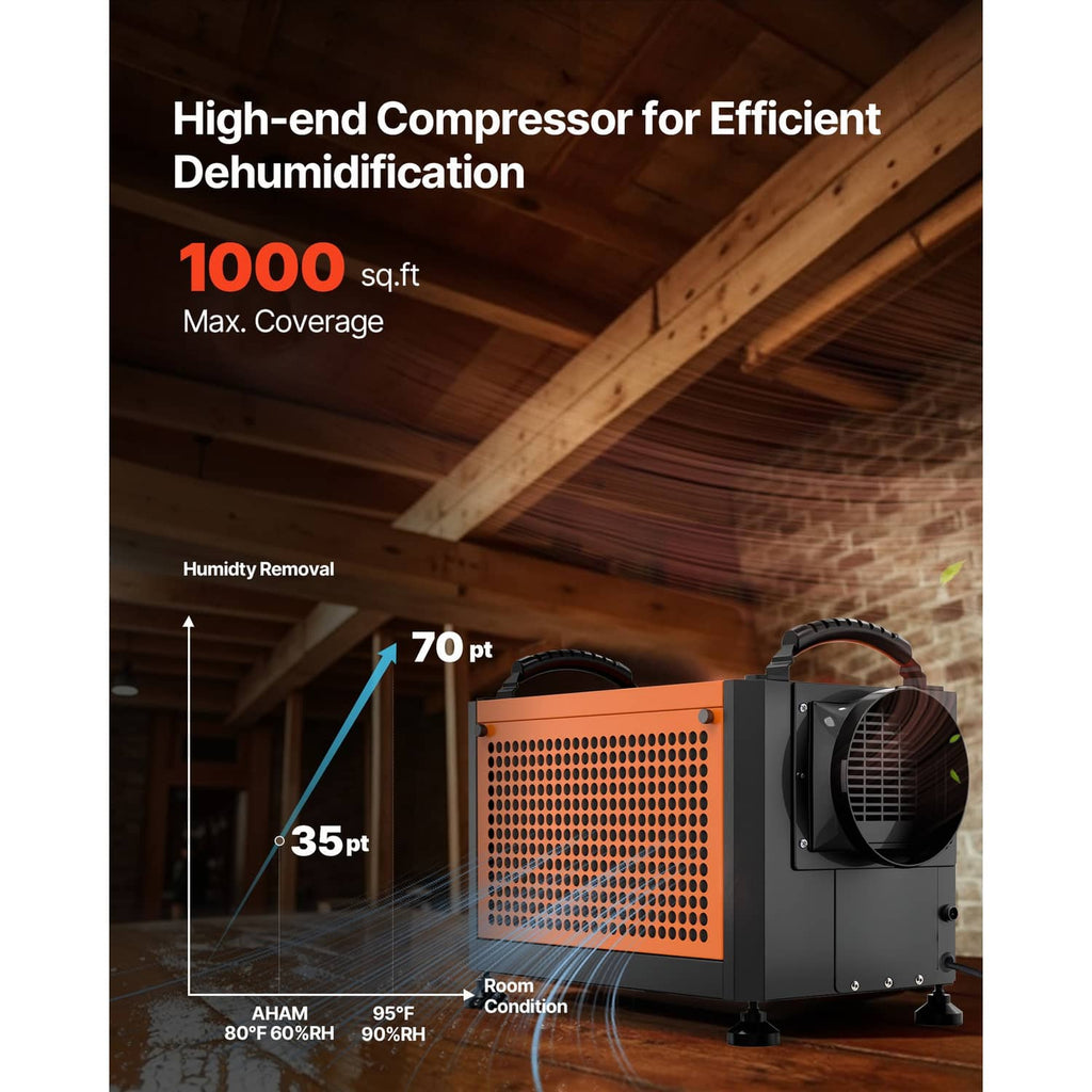 Commercial dehumidifier with orange front panel and black fan grille, standing indoors