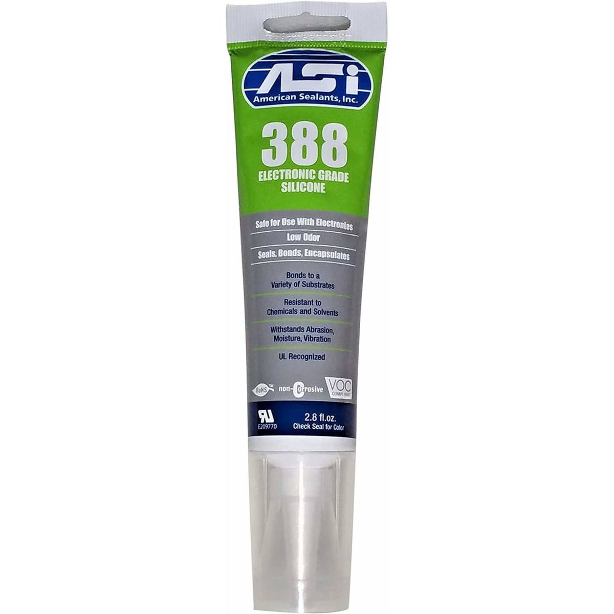 Clear RTV silicone sealant squeeze tube, ASI 388 electronic grade, 2.8 fl oz