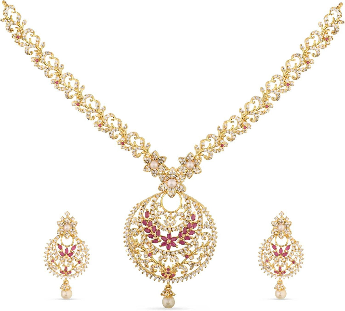 Gold-plated brass short necklace set with CZ pendant and matching drop earrings