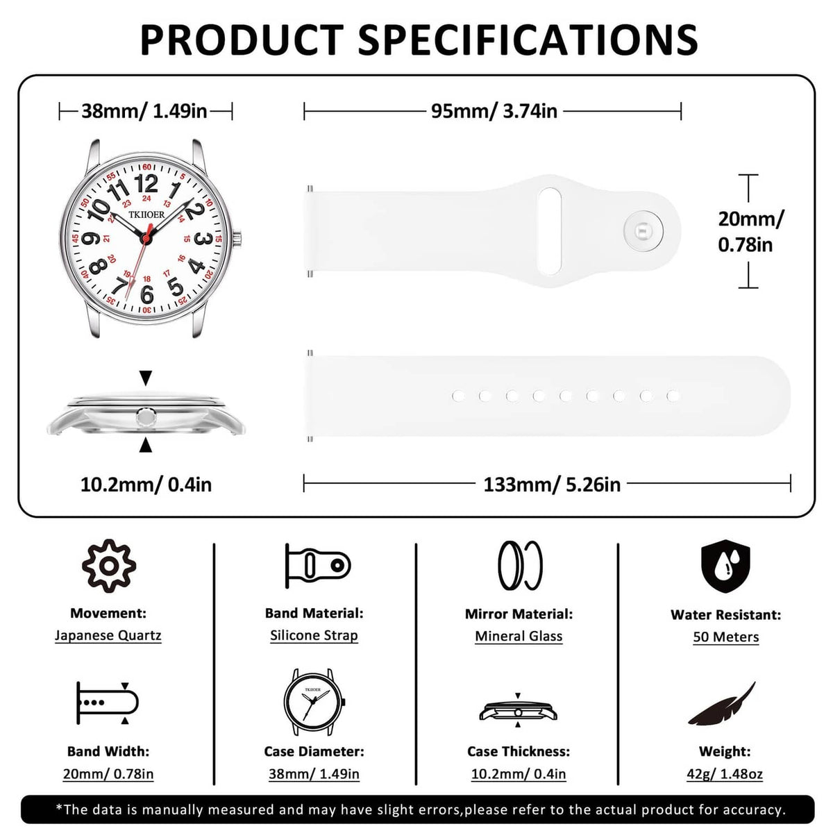 White TKIIOER nurse watch with silicone strap, metal buckle, mineral glass cover