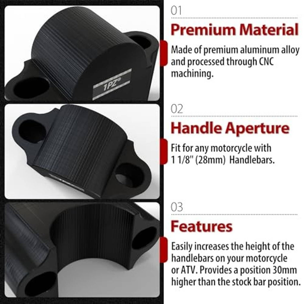Black motorcycle handlebar riser clamp set with close-up of ribbed texture