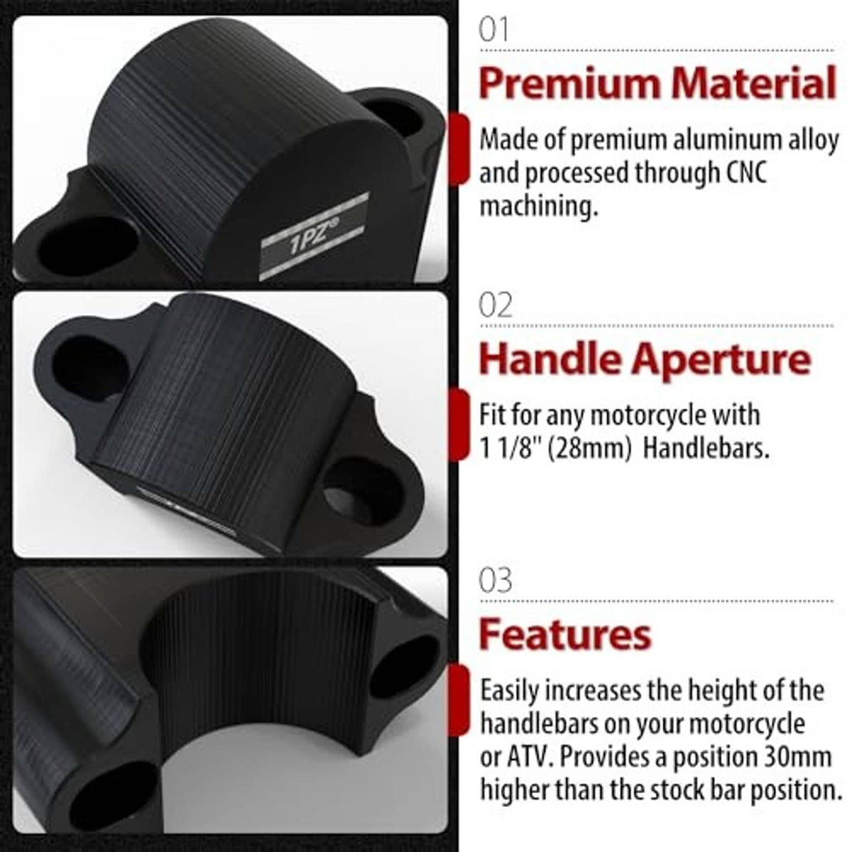 Black motorcycle handlebar riser clamp set with close-up of ribbed texture