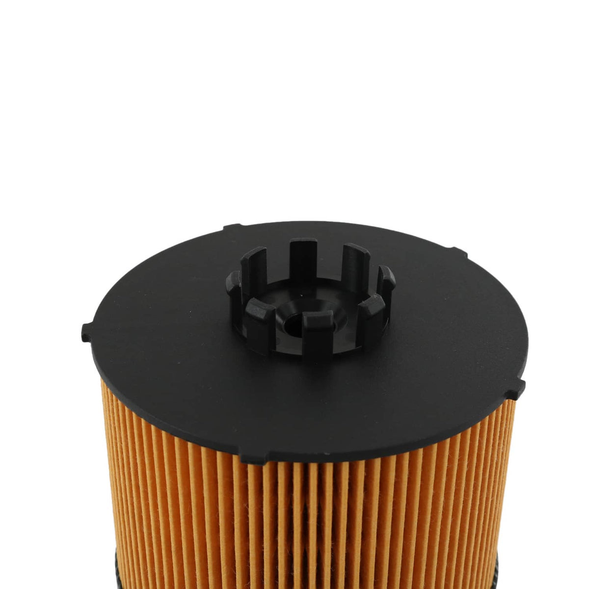 Fuel filter cartridge end cap with central locking tabs over orange pleats