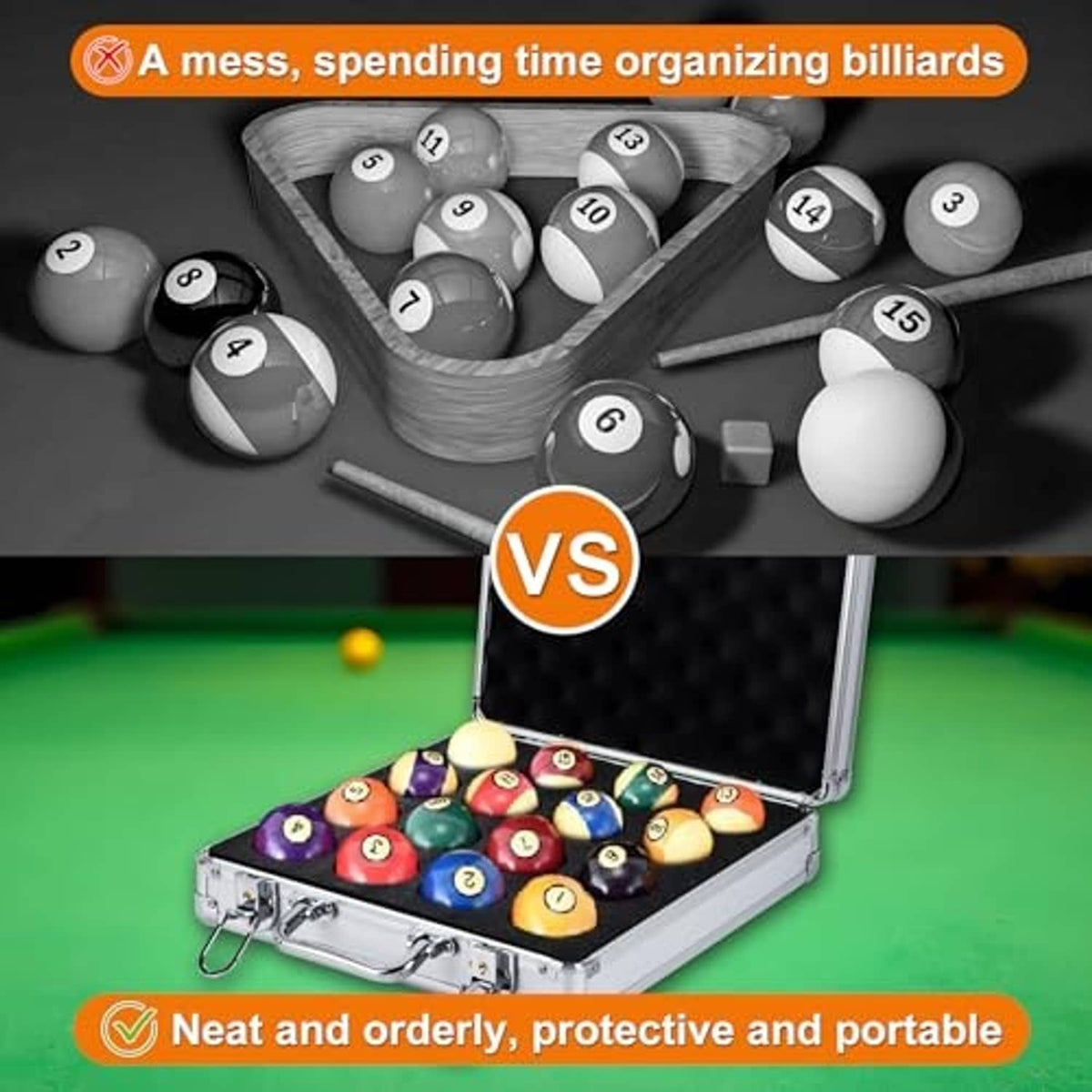 Billiards ball storage case with black foam insert and multiple pool balls inside