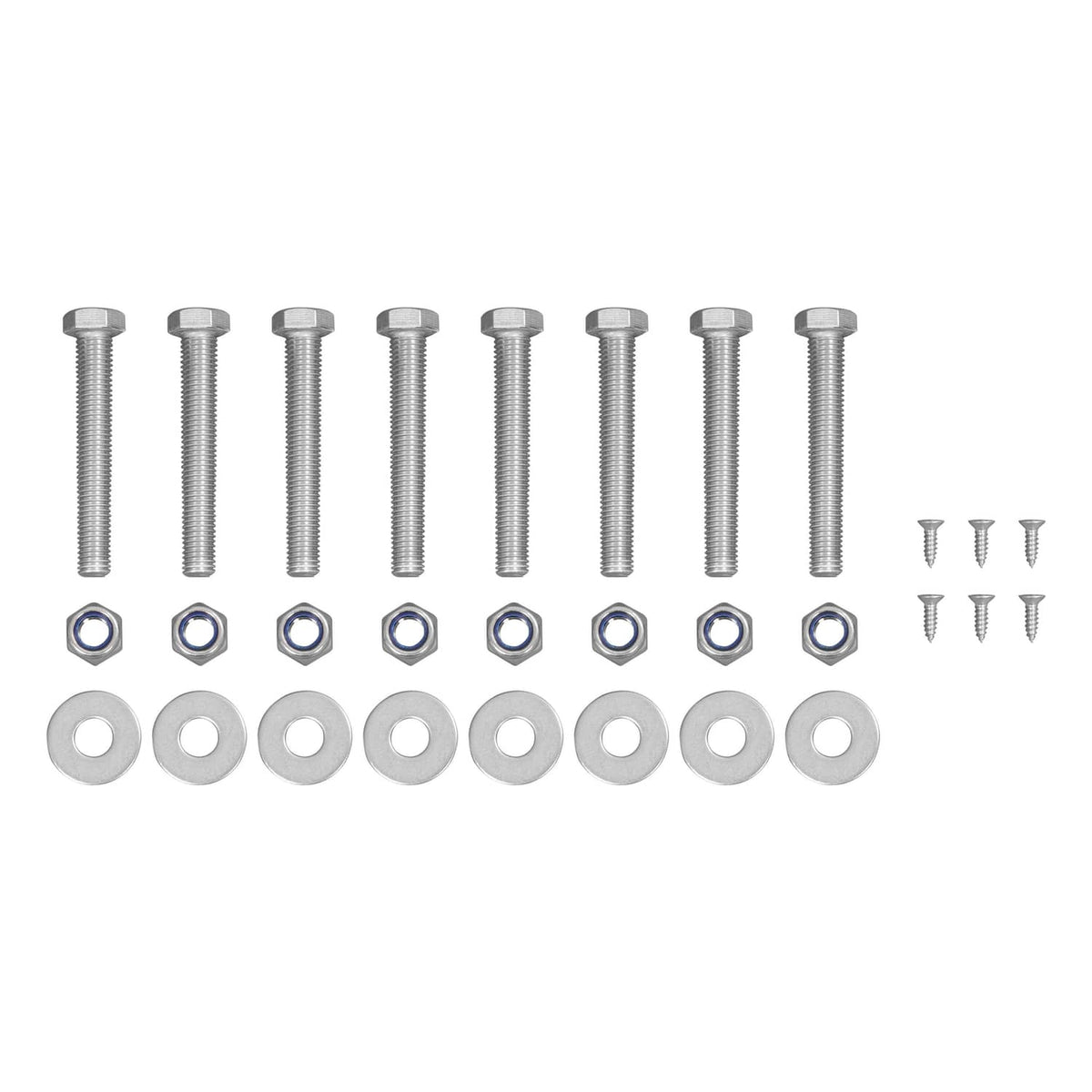 Outboard engine bracket hardware kit with bolts, washers, and nuts