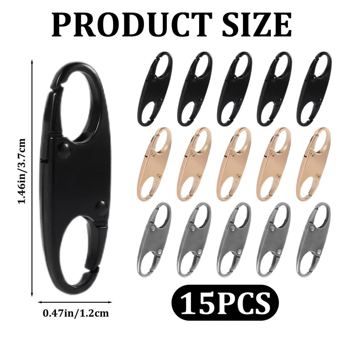 15 anti-theft zipper clips, large oval black hook design for zipper pulls