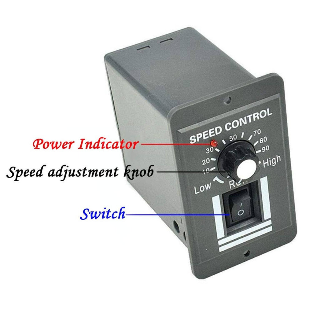 DC motor speed control module with speed adjustment knob, switch, and power indicator